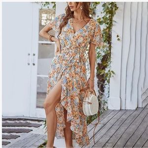 Women's Summer Floral Midi Dress Short Sleeve Heart Print Tunic M